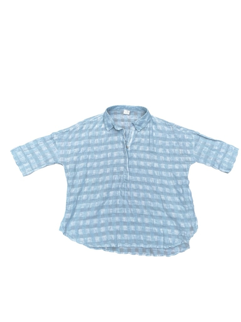 Poetry Light Blue Plaid Linen Cotton Blend Texured Jacquard Minimalist Blouse 8 - Picture 2 of 16